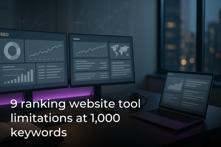 Modern SEO analytics workspace with glowing purple accent lights, multiple screens, and a clean center space