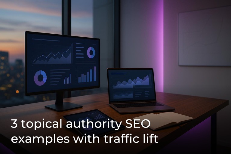 Clean modern office desk with analytics screens, soft purple accent lighting, and blurred city skyline backdrop