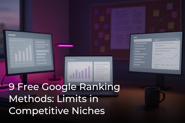 Modern SEO workspace with dual monitors and subtle purple accent lighting, clean center space for overlay