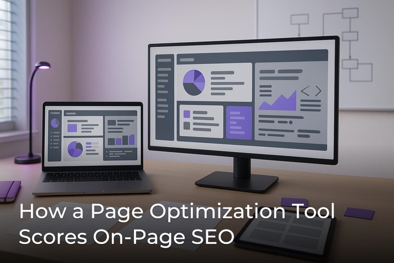 Modern SEO workspace with laptop and monitor showing abstract audit graphics, subtle purple accent lighting