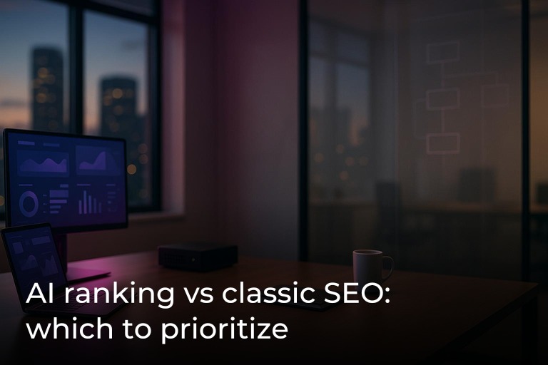Modern office desk with dual monitors and subtle magenta accent lighting, blurred city skyline, clean center space