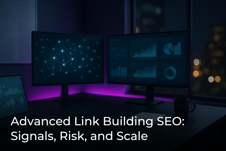 Modern SEO analytics workspace with abstract network graphs on monitors and subtle magenta-purple accent lighting