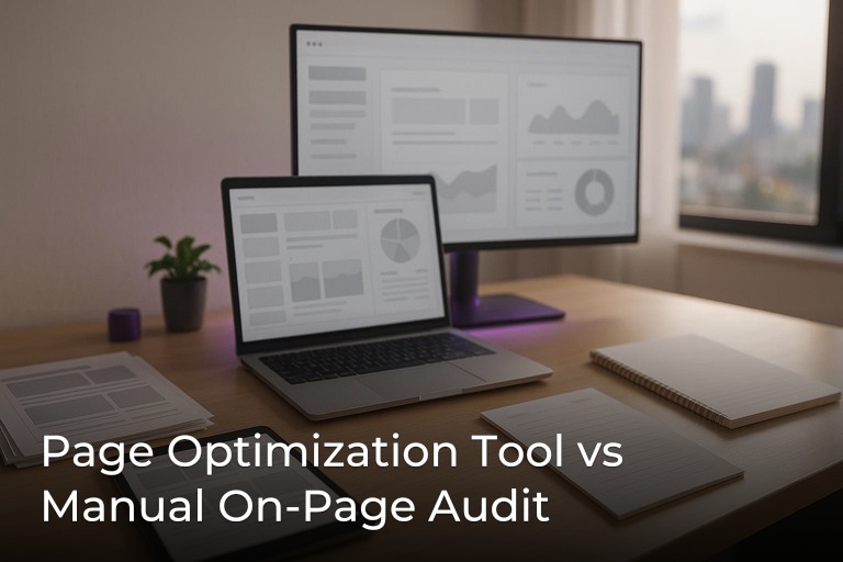 Modern SEO workspace with dual monitors, paper drafts and notebook, soft magenta accent lighting, clean center space