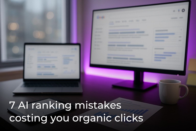 Modern analytics workspace with blurred charts on monitors, clean center space, and subtle purple accent lighting