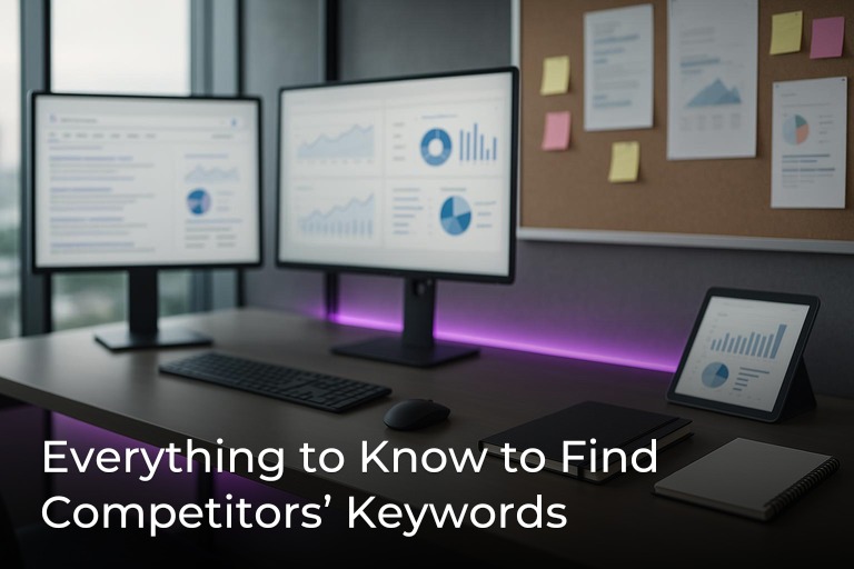 Modern SEO analytics office desk with glowing purple accents, blurred dashboards, and clean center space