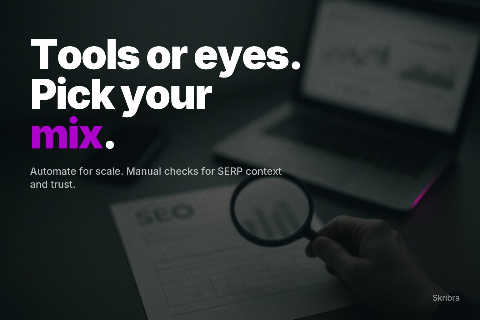 Blurred SEO research desk with laptop and magnifying glass, magenta accent glow, dark grainy bokeh background.