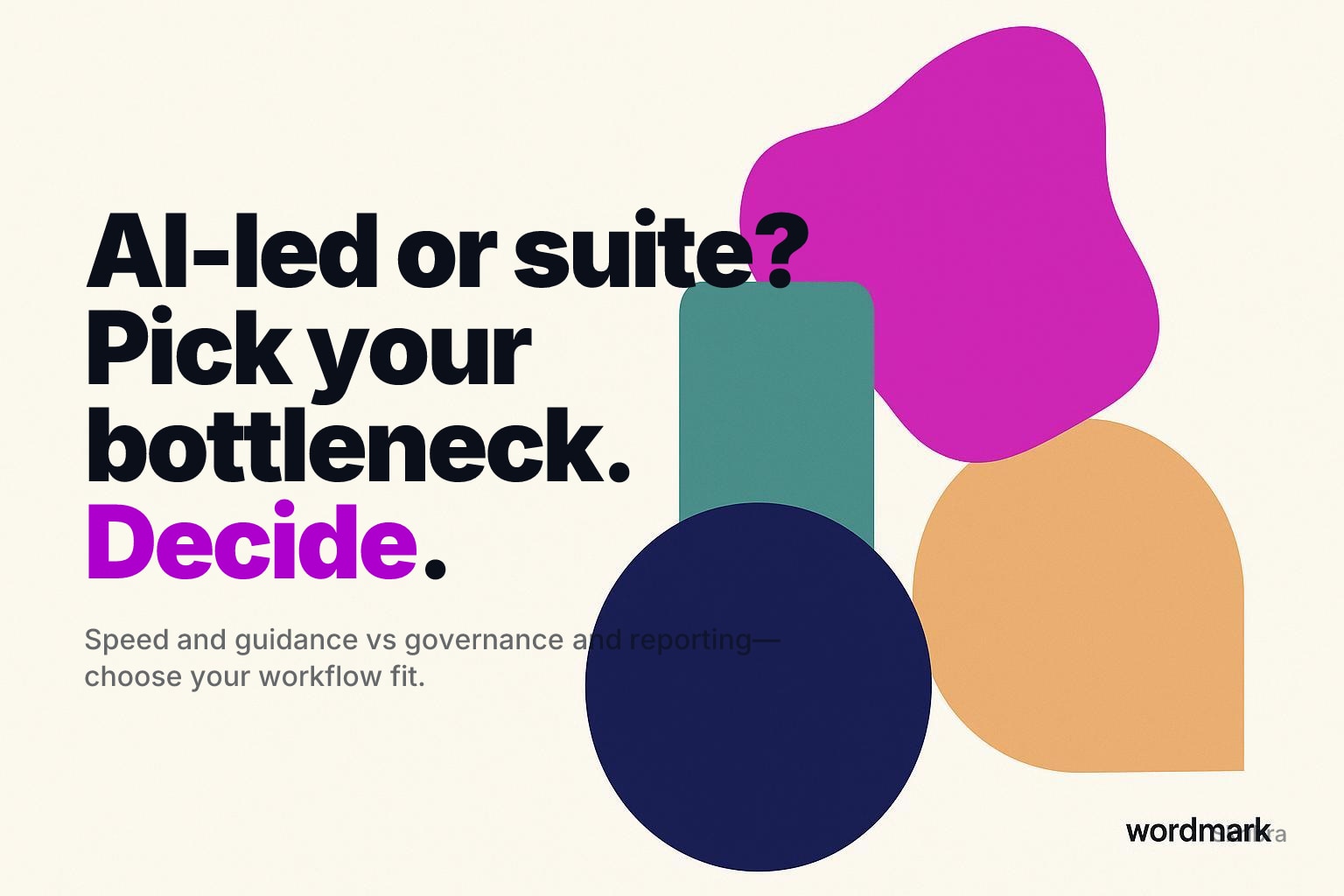 Off-white background with flat geometric shapes clustered on the right in magenta, navy, teal, and sand.
