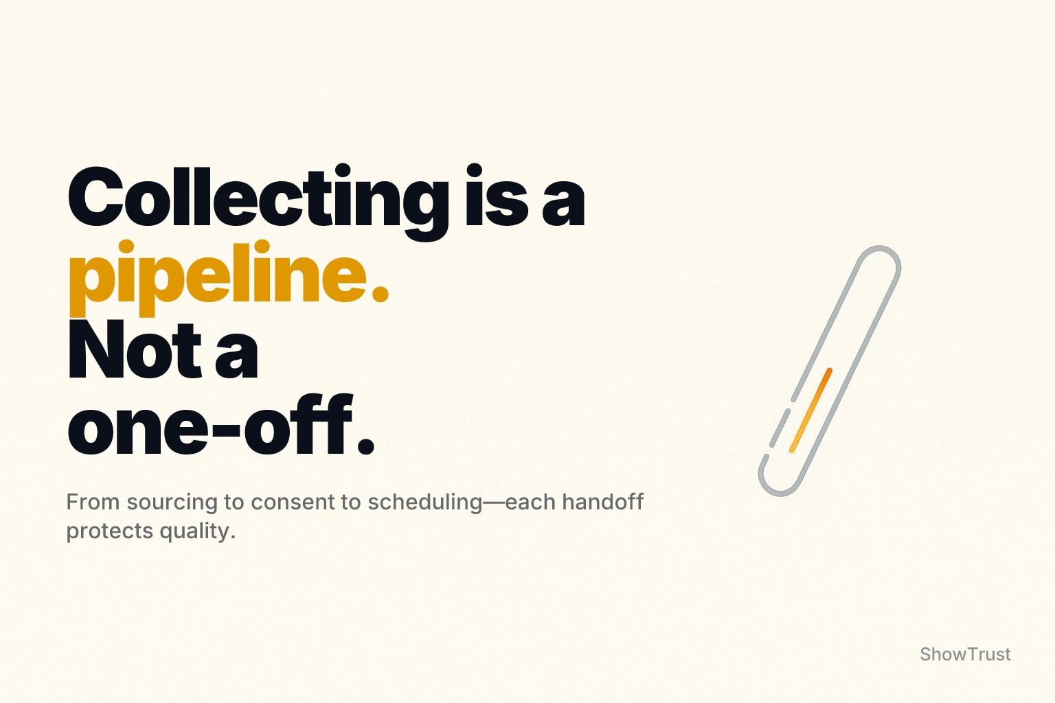 Warm off-white minimal background with a small baton-like line motif on the right in gray and orange.