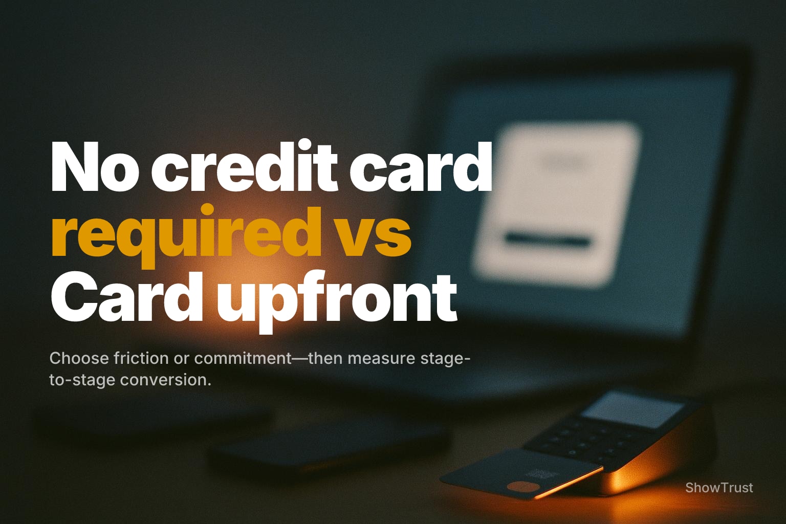 Blurred desk scene with laptop checkout glow and a credit card near a reader, warm amber highlight.