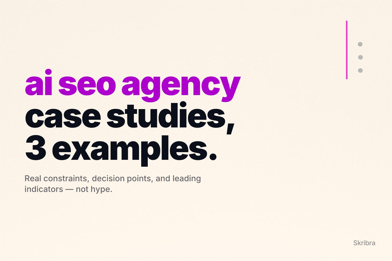Off-white minimal editorial background with a small magenta accent mark along the right edge.