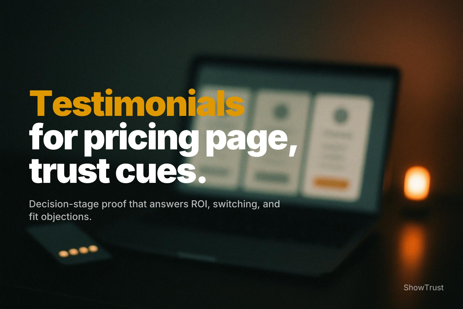 Blurred laptop pricing screen with warm amber bokeh light, muted desk scene and calm dark negative space.