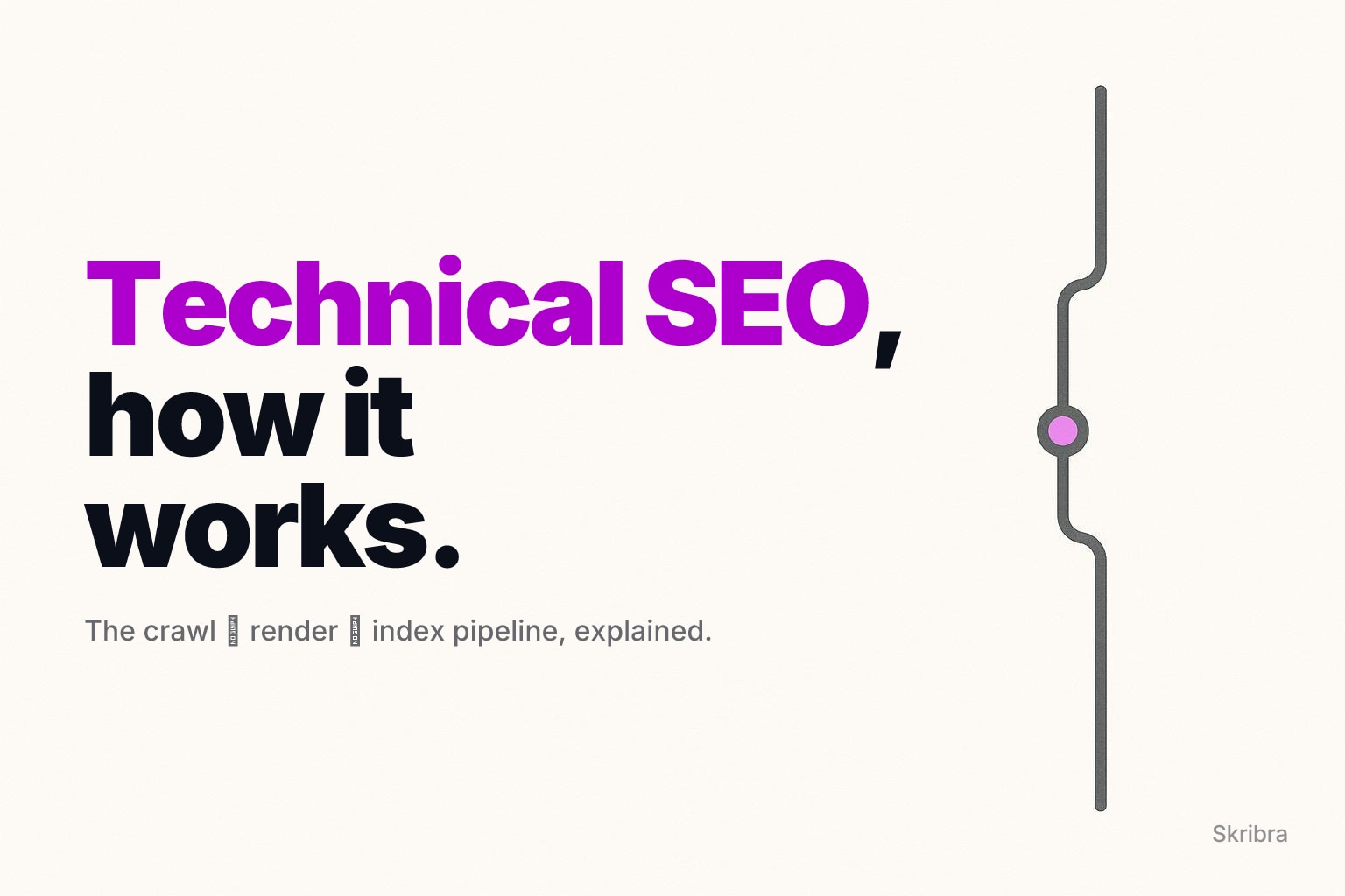 Off-white minimal poster with a small pipeline line icon on the right edge and a magenta accent dot.