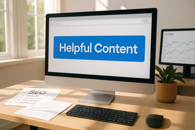 Desk with monitor displaying 'Helpful Content' on a blue banner, with SEO graphs and notes about rankings in a bright office setting.