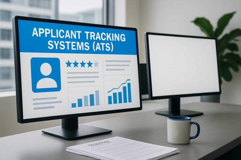 Office desk with resumes, monitors, and 'Applicant Tracking Systems (ATS)' in blue on a large screen, corporate setting