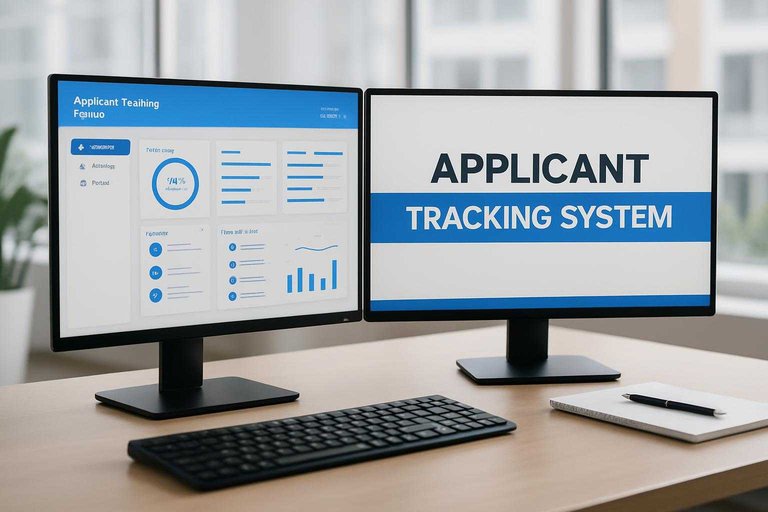 Office with two monitors, one displaying 'Applicant Tracking System' in #3B82F6, emphasizing resume screening technology.