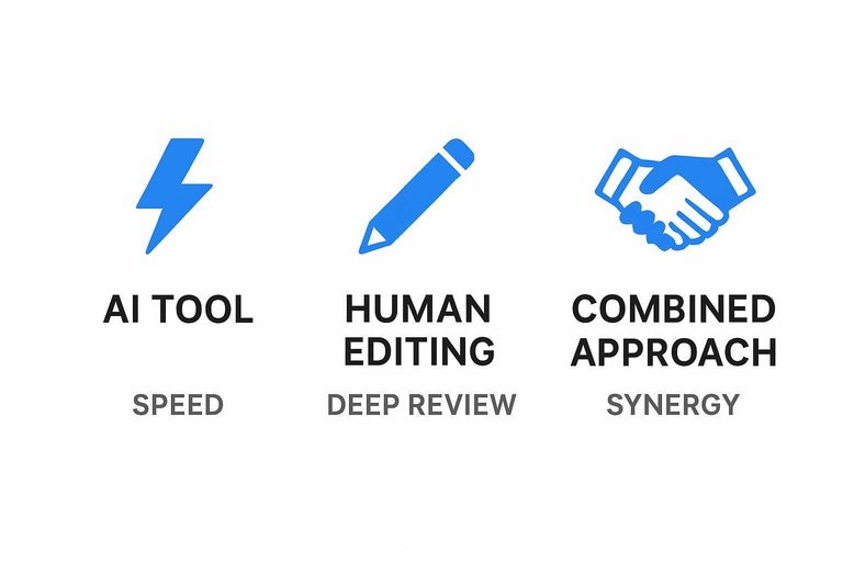 Comparison infographic shows 'AI Tool', 'Human Editing', and 'Combined Approach' as resume editing strategies with icons and labels.