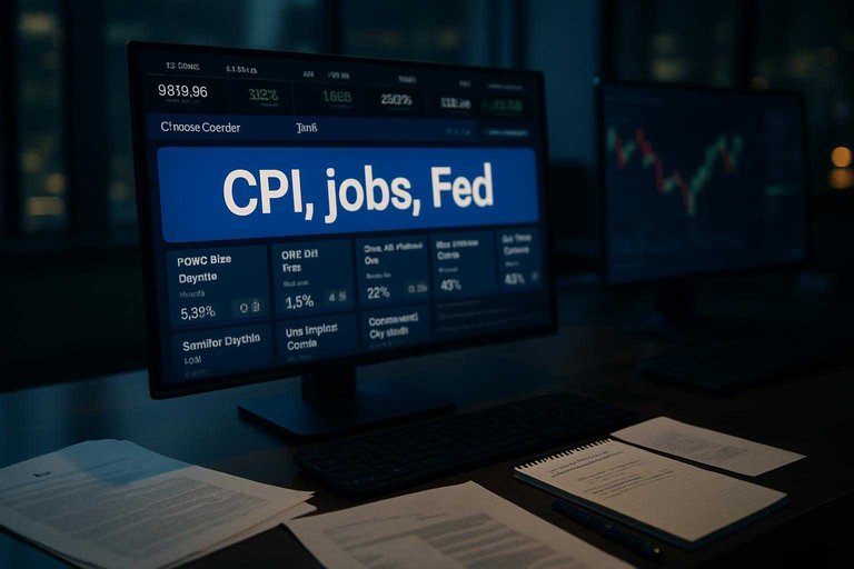 Trader desk with macro calendar on monitors and a blue banner reading 'CPI, jobs, Fed' over prediction market tiles