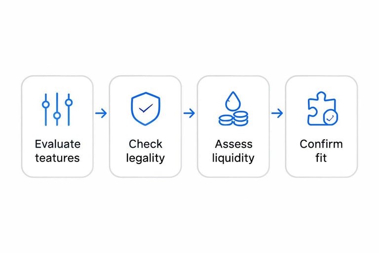 Four-step flow: Evaluate features, Check legality, Assess liquidity, Confirm fit connected by arrows