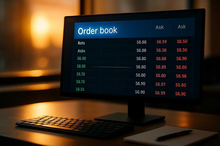 Trading desk monitor showing bids/asks ladder with blue header text "Order book" to explain how live odds clear in a book