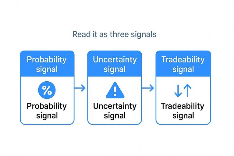 Three-signal flow: Probability signal, Uncertainty signal, Tradeability signal connected left to right with arrows