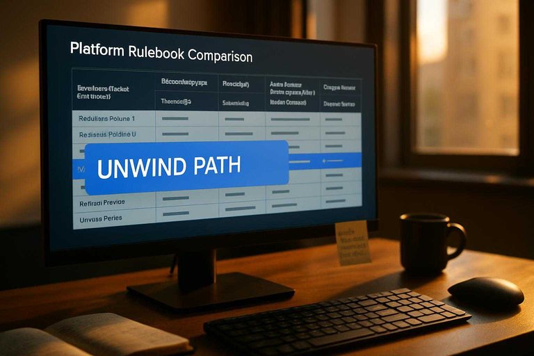 Rulebook comparison on a monitor with a blue banner reading “UNWIND PATH” highlighting dispute and settlement steps.