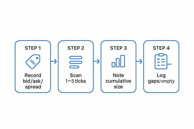 Four-step routine: Record bid/ask/spread, Scan 1–3 ticks, Note cumulative size, Log gaps/empty with arrows