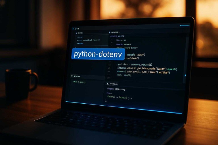 Developer workspace with API client code and a blue UI tag reading "python-dotenv" beside a .env config