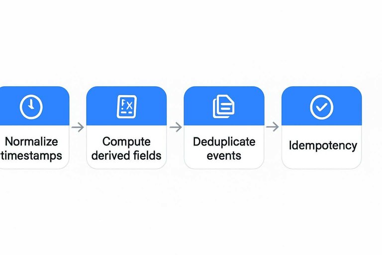 Four-step flow: Normalize timestamps, Compute derived fields, Deduplicate events, Idempotency connected by arrows