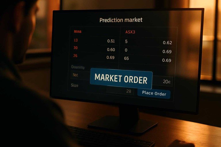 Trader desk with order book screen and blue warning overlay reading “Market Order” beside thin liquidity price levels.