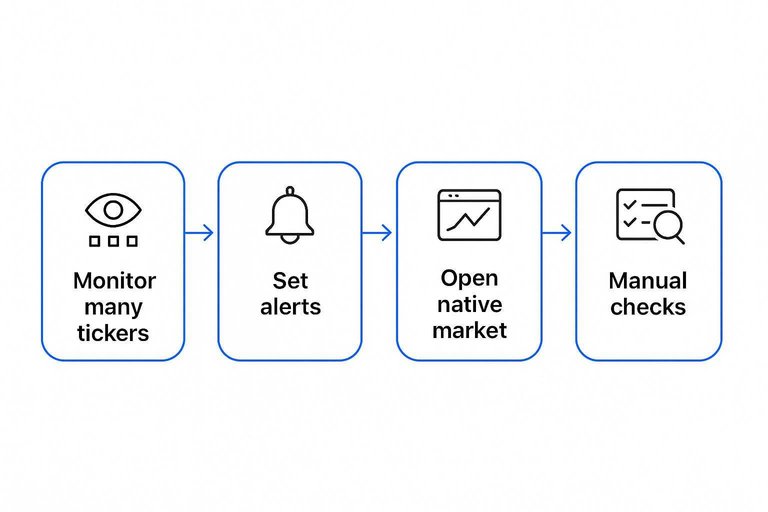 Four-step flow: Monitor many tickers, Set alerts, Open native market, Manual checks connected by arrows