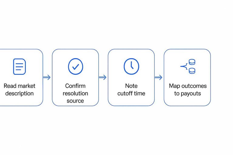 Four-step flow: Read market description, Confirm resolution source, Note cutoff time, Map outcomes to payouts