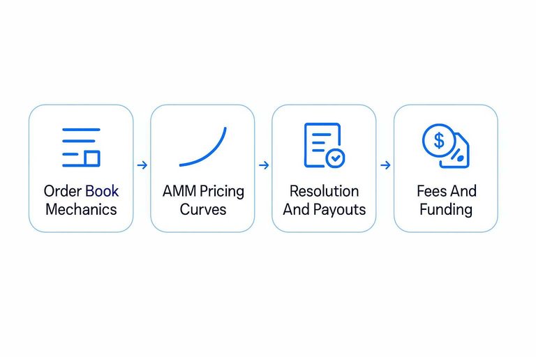 Four-step flow: Order Book Mechanics → AMM Pricing Curves → Resolution And Payouts → Fees And Funding