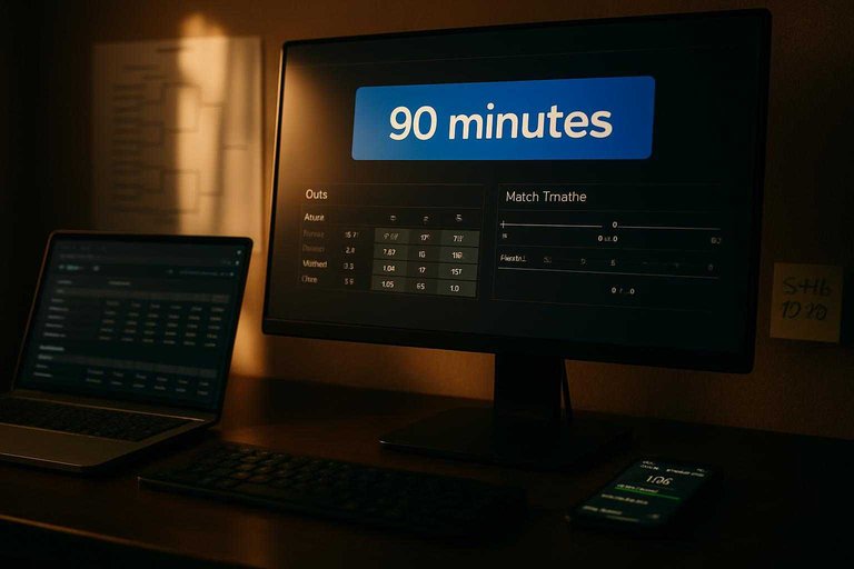 Betting desk with odds dashboard highlighting “90 minutes” in blue, emphasizing quick match settlement and hedge agility.