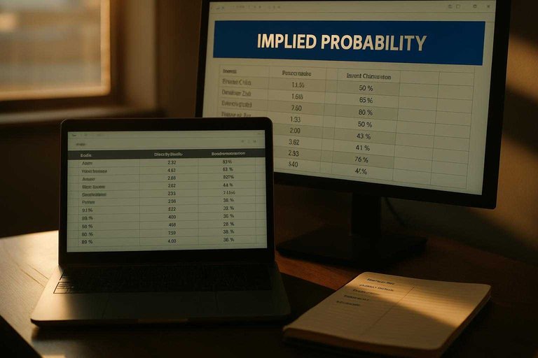 Dual monitors with odds tracker and a blue banner reading “IMPLIED PROBABILITY” to compare normalized sportsbook lines