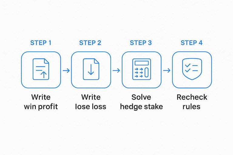 Four-step hedge sizing flow: Write win profit, Write lose loss, Solve hedge stake, Recheck rules with arrows