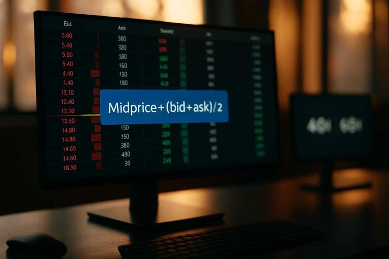 Trading desk monitor shows order book with blue overlay text "Midprice = (bid + ask) / 2" explaining liquidity.