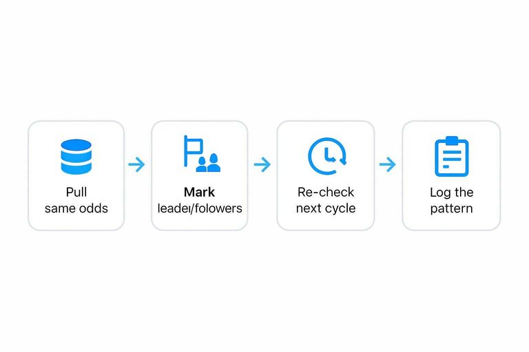 Four-step flow: Pull same odds → Mark leader/followers → Re-check next cycle → Log the pattern