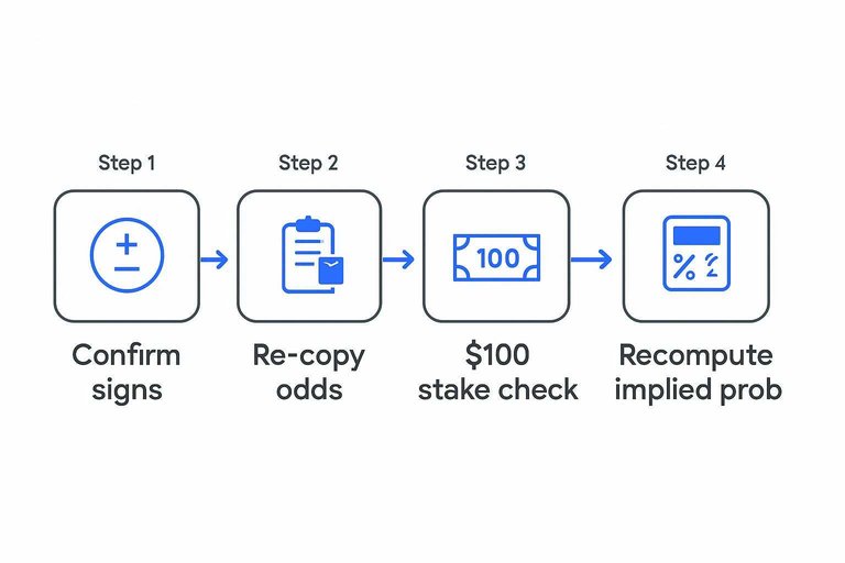 Four-step flow: Confirm signs, Re-copy odds, $100 stake check, Recompute implied prob with arrows