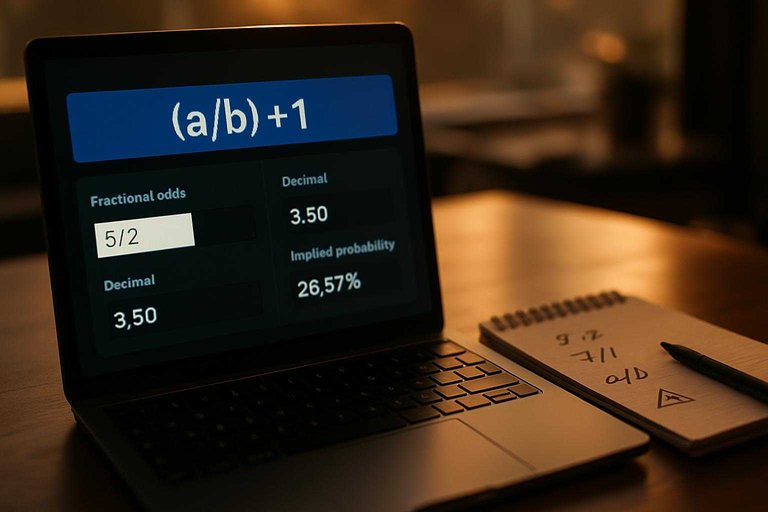 Desk workspace with odds-conversion calculator on laptop, blue banner reading “(a/b) + 1” to prevent fractional mistakes