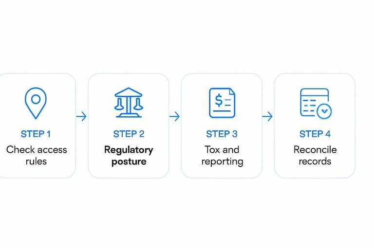 Four-step flow: Check access rules, Regulatory posture, Tax and reporting, Reconcile records with arrows