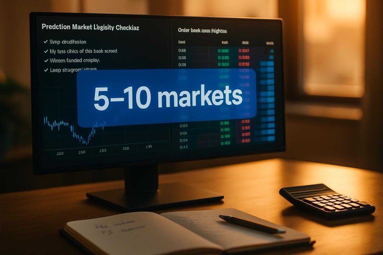 Trading desk with order-book screen and blue overlay text “5–10 markets” highlighting a liquidity checklist