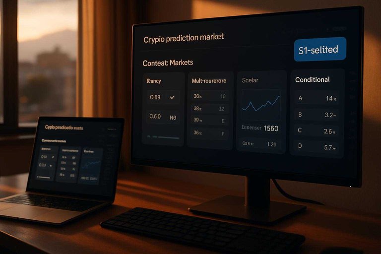 Trading desk with prediction market dashboard; blue header label reads "$1-settled" above binary and scalar contracts.