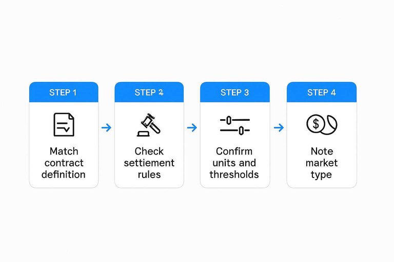 Four-step flow: Match contract definition, Check settlement rules, Confirm units and thresholds, Note market type
