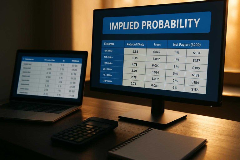 Monitor with odds comparison grid and blue banner reading “Implied probability” beside calculator and notes