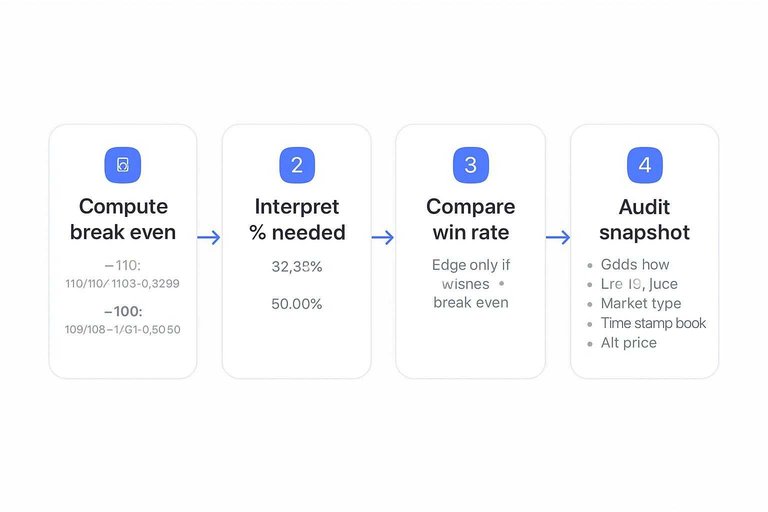 Four-step flow: Compute break-even, Interpret % needed, Compare win rate, Audit snapshot with arrows