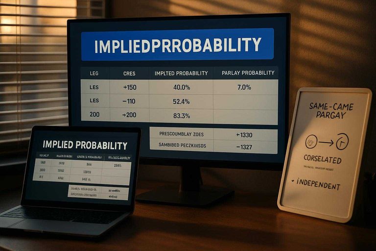 Monitor compares parlay vs singles math with a blue banner reading "IMPLIED PROBABILITY" and correlation notes