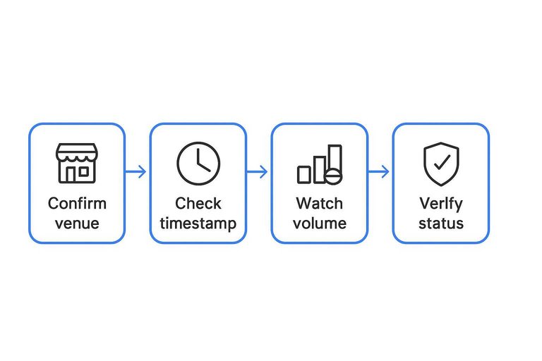 Four-step flow: Confirm venue, Check timestamp, Watch volume, Verify status with arrows between steps