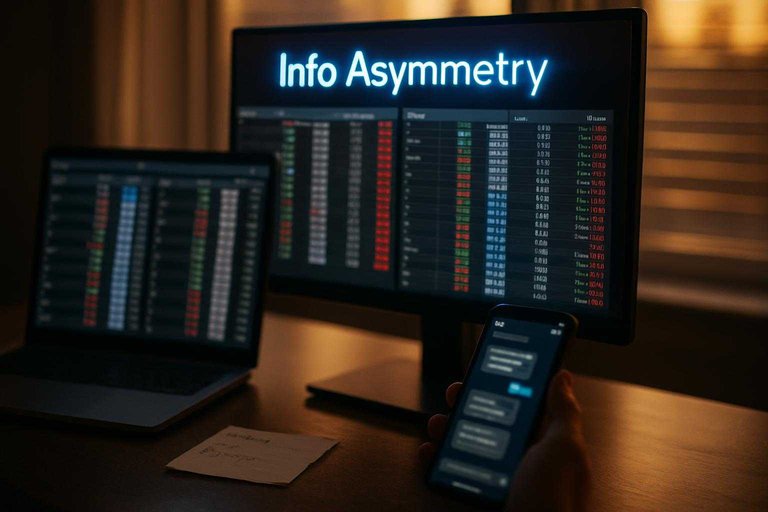 Trader desk with odds screens and blurred private chat, highlighted by #3B82F6 overlay text 'Info Asymmetry'.