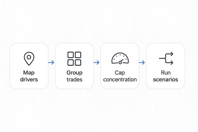 Four-step process: Map drivers, Group trades, Cap concentration, Run scenarios with arrows between steps