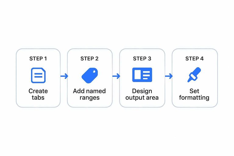 Four-step flow: Create tabs, Add named ranges, Design output area, Set formatting connected by arrows